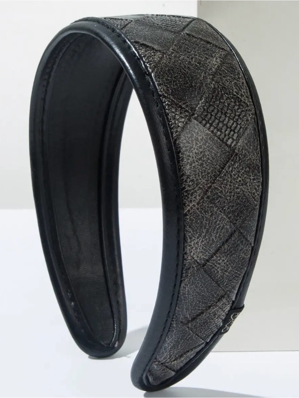 Textured Black Woven Genuine Leather Headband for Women